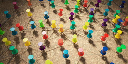 color pin with rope in network concept background cork boardの写真素材