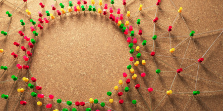 color pin with rope in network concept background cork boardの写真素材