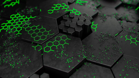 Neon Green Hexagonal Pattern on Dark Surfaceの写真素材