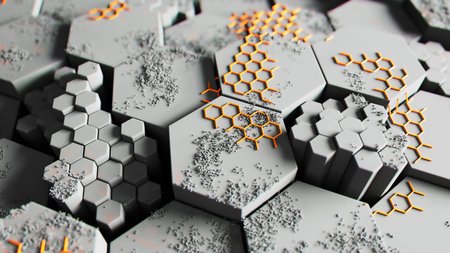 Futuristic Hexagonal Surface with Orange Accentsの写真素材