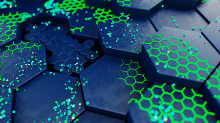 Futuristic Hexagonal Landscape with Neon Green Detailsの写真素材