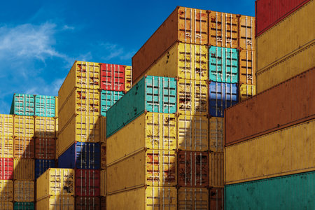 Stack of containers box, Cargo freight ship for import export logistics.の写真素材