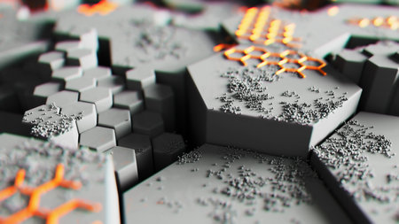 Futuristic Hexagonal Surface with Orange Accentsの写真素材