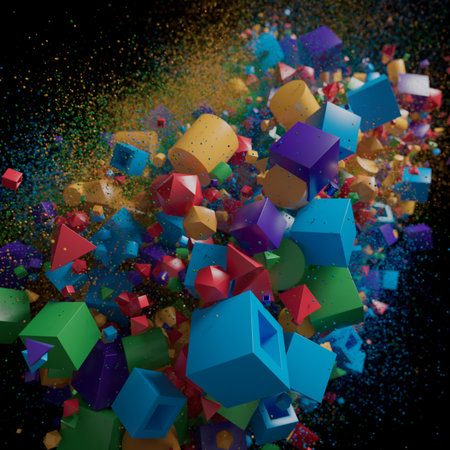 Geometric Explosion: A Colorful Symphony of 3D Shapes and Particlesの写真素材
