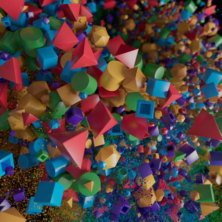 Vibrant Geometric Symphony: A Kaleidoscope of 3D Shapes in Spaceの写真素材