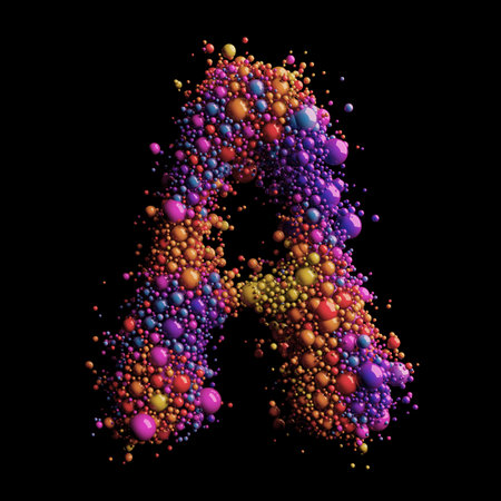 Colorful Spheres Forming a Vibrant Letter A on a Black Canvasの写真素材