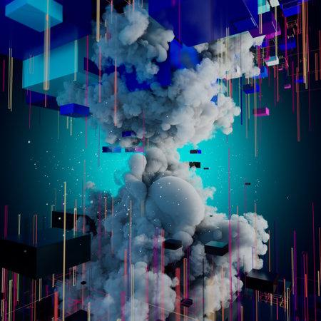 Ethereal Geometry: Colorful Shapes and Whimsical Clouds in Motionの写真素材