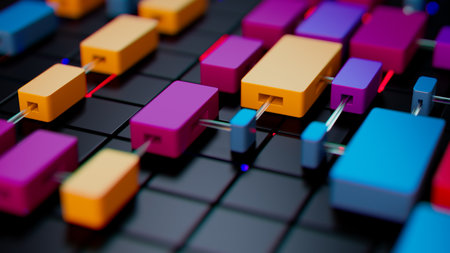 Vibrant Geometric Harmony: Colorful 3D Rectangles on Dark Grid Backgroundの写真素材