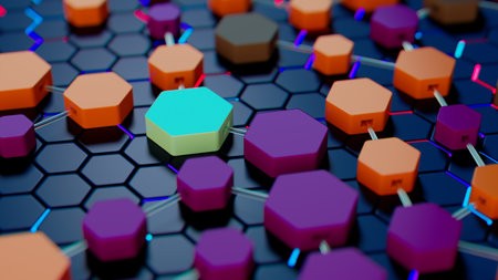 Vibrant Hexagonal Network on a Dark Grid: A Colorful Geometric Displayの写真素材