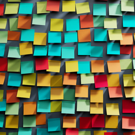 Vibrant Collage of Colorful Sticky Notes in a Dynamic Arrangementの写真素材