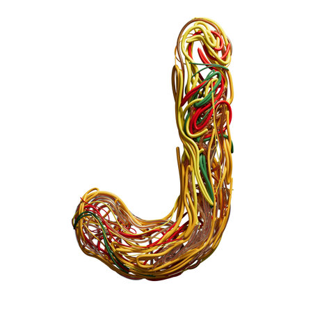 Vibrant Chaos: A Colorful Tangle of Wires Shaped Like an jの写真素材