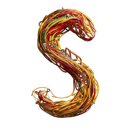 Vibrant Chaos: A Colorful Tangle of Wires Shaped Like an sの写真素材