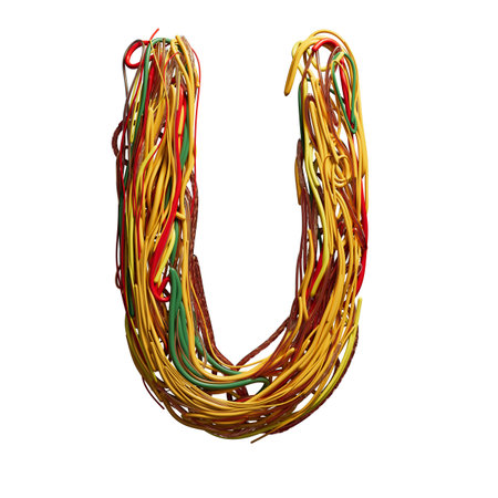 Vibrant Chaos: A Colorful Tangle of Wires Shaped Like an uの写真素材