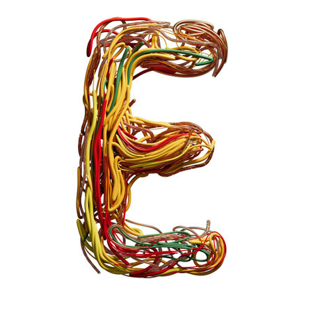 Vibrant Chaos: A Colorful Tangle of Wires Shaped Like an eの写真素材