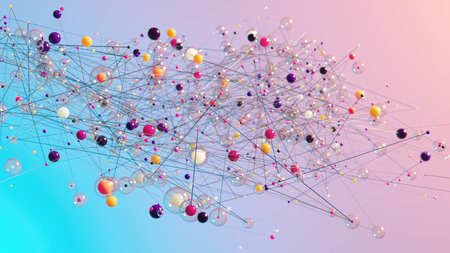 Interwoven Symphony: A Dance of Multicolored Spheres on Gradient Canvasの写真素材