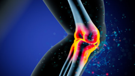 Highlighted Inflammation in the Knee Joint Against a Soothing Blue Backgroundの写真素材