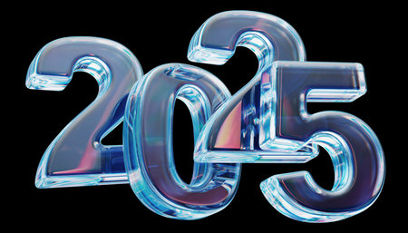 Shiny 3D 2025 Numbers on a Sleek Black Backgroundの写真素材