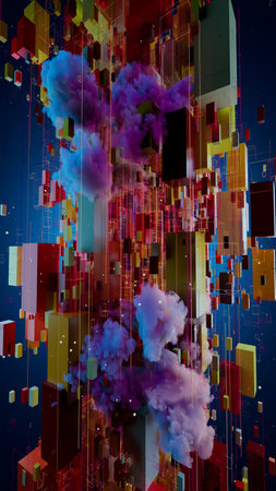 Vibrant Ascendance: Abstract Cubes and Swirling Purple Clouds in Blue Blissの写真素材