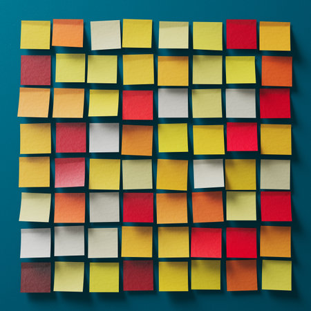 Vibrant Sticky Note Mosaic: A Colorful Square Grid Displayの写真素材