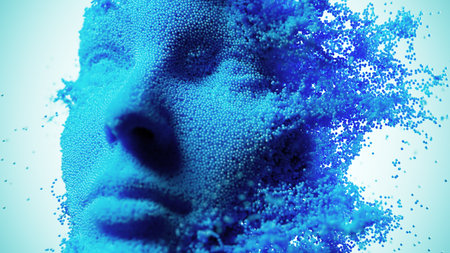 Ethereal Serenity: A Dissolving Face of Blue Particlesの写真素材