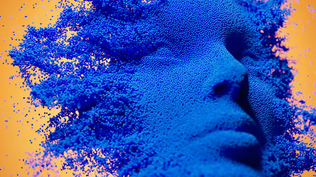 Dissolving Visage: A Fusion of Blue Powder and Orange Dreamsの写真素材