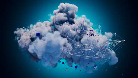 Cloudscape: A Network of Colorful Cubes in a Smoky Skyの写真素材
