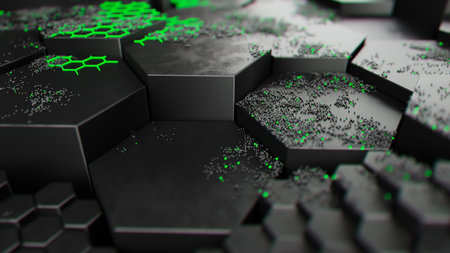 Neon Green Hexagonal Pattern on Dark Surfaceの写真素材