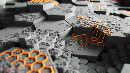 Futuristic Hexagonal Surface with Orange Accentsの写真素材