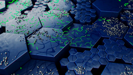 Futuristic Hexagonal Landscape with Neon Green Detailsの写真素材
