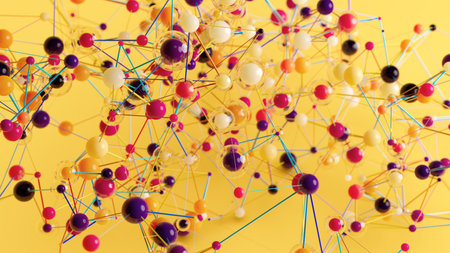 Vibrant Web: Colorful Spheres Linked on a Bright Yellow Canvasの写真素材