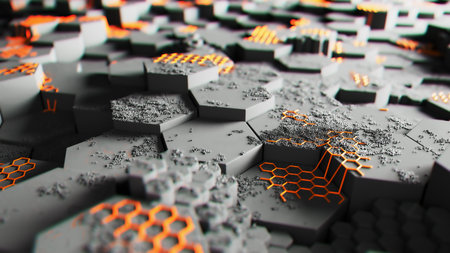 Futuristic Hexagonal Surface with Orange Accentsの写真素材