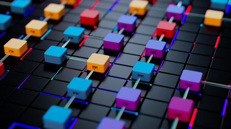 Vibrant 3D Cube Mosaic on Black Grid: An Intricate Colorful Patternの写真素材