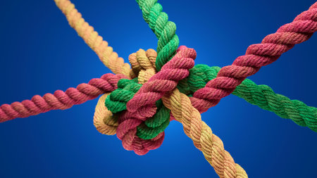 Vibrant Knot: A Colorful Fusion of Ropes Against a Blue Backdropの写真素材