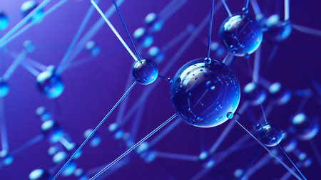 Molecular Symphony: Interconnected Spheres in Shades of Blue on Purple