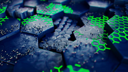 Futuristic Hexagonal Landscape with Neon Green Detailsの写真素材