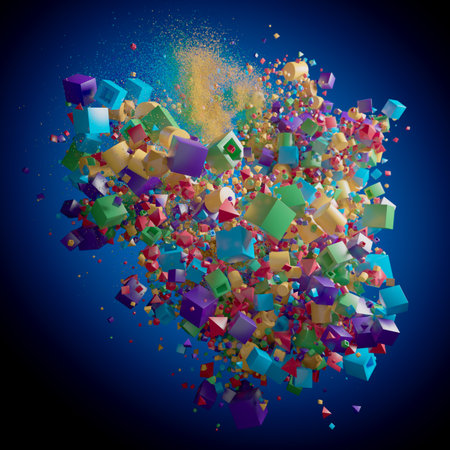 Geometric Burst: A Colorful Explosion of Shapes in a Cosmic Blue Spaceの写真素材