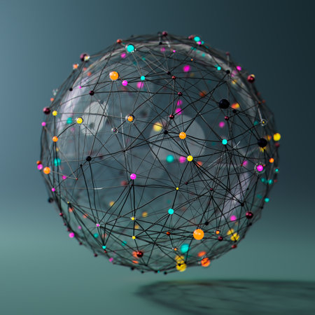Network of Connections: A Colorful Web in a Green Landscapeの写真素材