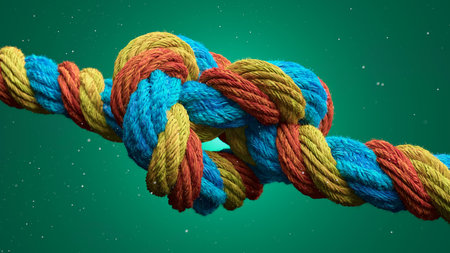 Vibrant Rope Knot: A Colorful Fusion on a Green Gradient Backgroundの写真素材