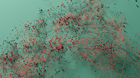 Interwoven Dynamics: A Teal Web of Red and Black Connectionsの写真素材