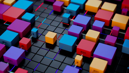 Vibrant Abstract Composition of Colorful 3D Blocks on Dark Grid Backgroundの写真素材