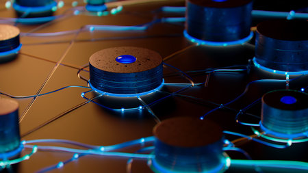 Interconnected Futures: A High-Tech Network of Glowing Nodesの写真素材