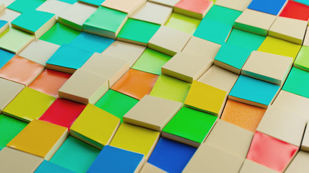 Vibrant Mosaic: A Colorful Tapestry of Textured Square Tilesの写真素材