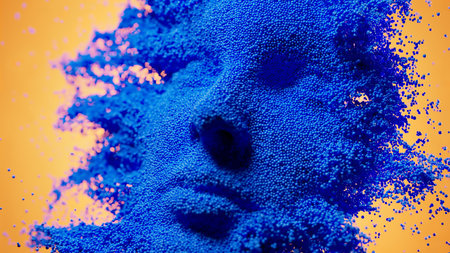 Dynamic Fusion: A Blue Face Emerges from Vibrant Orange Particlesの写真素材