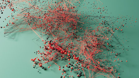 Interconnected Chaos: A Dance of Red and Black on Green Canvasの写真素材