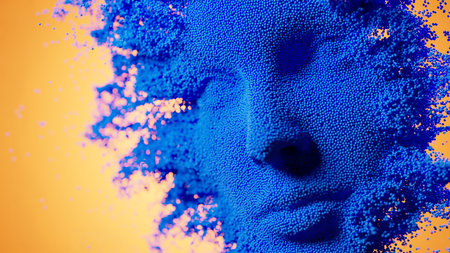 Transcendence: A Surreal Fusion of Blue Face and Warm Gradientの写真素材