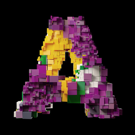 Colorful 3D Pixelated Letter A on Black Background in Artistic Designの写真素材