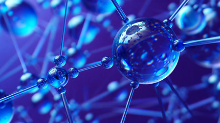 Interconnected Molecules in Blue Against a Purple Gradient Backgroundの写真素材
