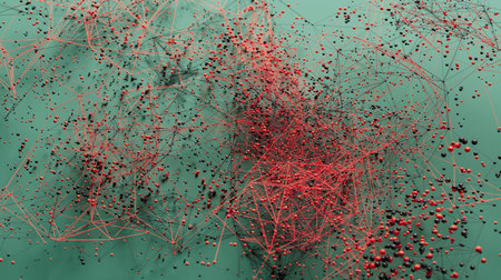 Crimson Connections: A Network of Intertwined Nodes on Turquoise Canvasの写真素材