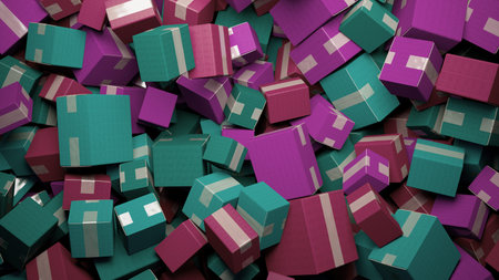 Vibrant Chaos: A Pile of Colorful Gift Boxes in Purple and Teal