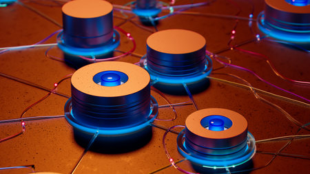 Illuminated Metallic Circuits: A Tapestry of Colorful Connectionsの写真素材